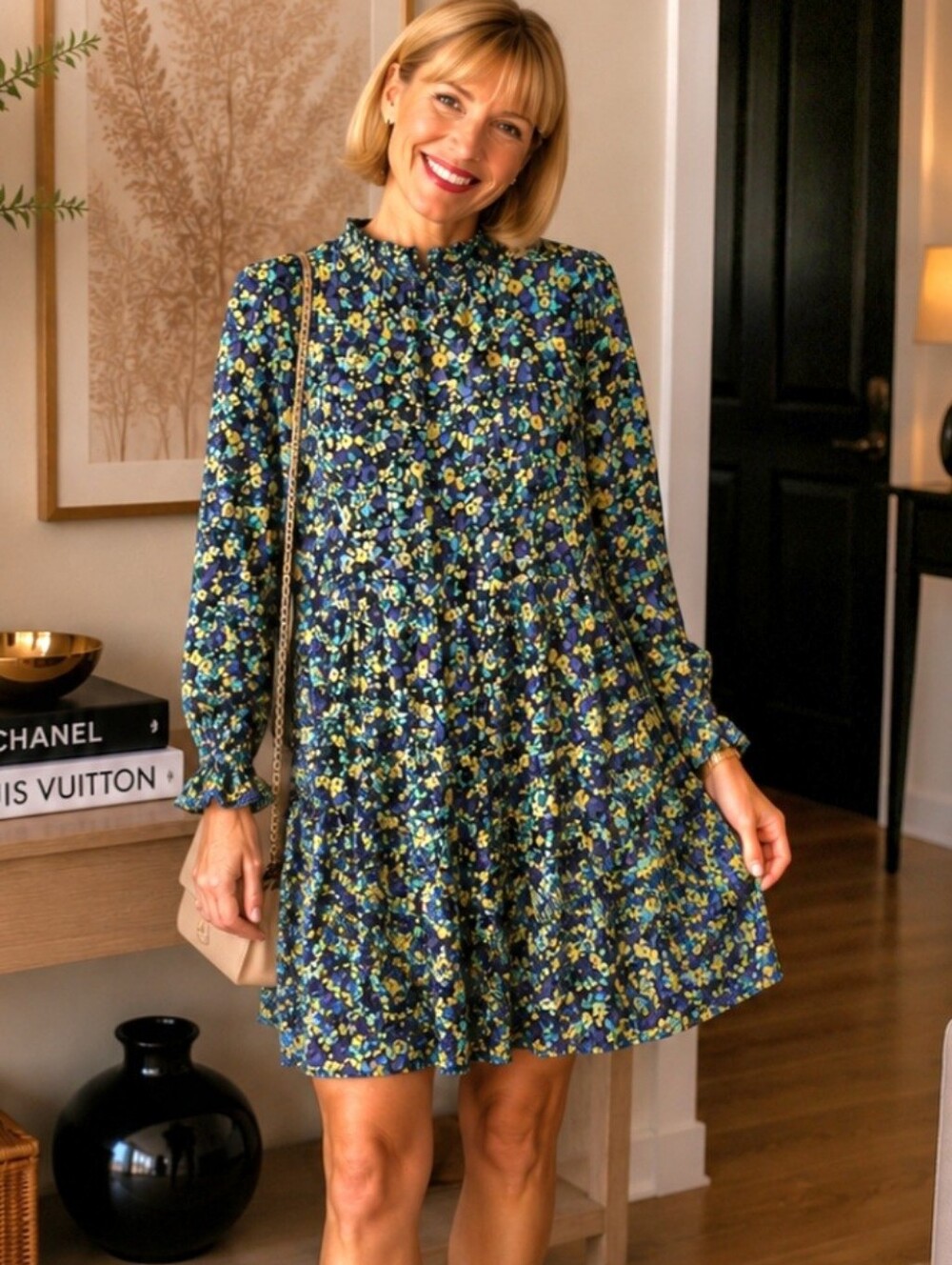 ZARA Yellow Purple Green Floral Ruffled Neck Smock Dress